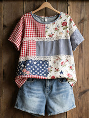 Women's American Floral Patchwork Print Casual T-Shirt