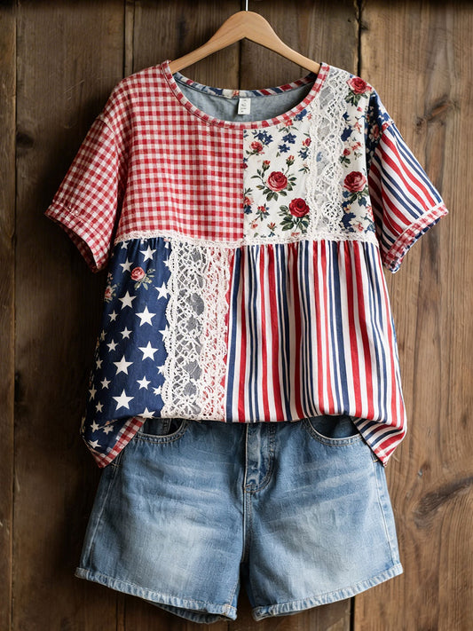 Women's American Floral Patchwork Print Casual T-Shirt