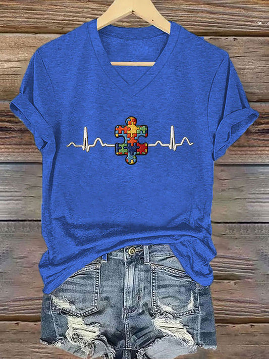 Women's Autism Awareness Print Iron On Short Sleeve T-Shirt
