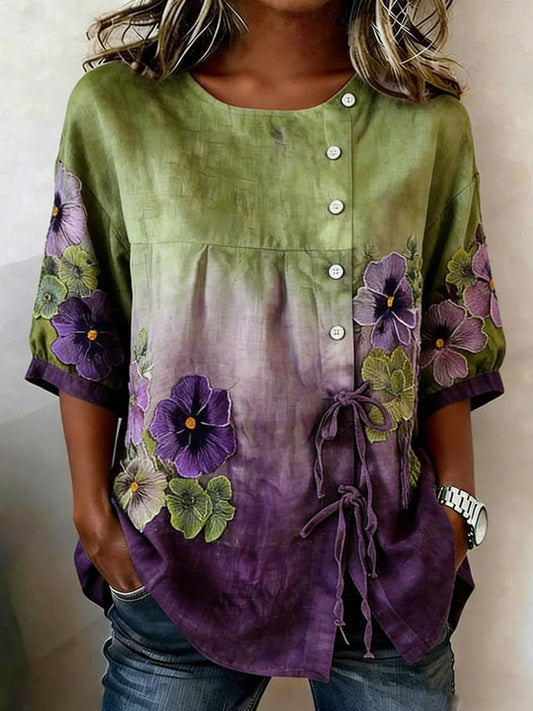 Women's Floral Buttoned Linen Blend Shirt
