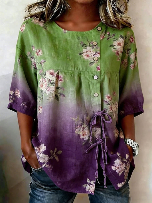 Women's Floral Buttoned Linen Blend Shirt