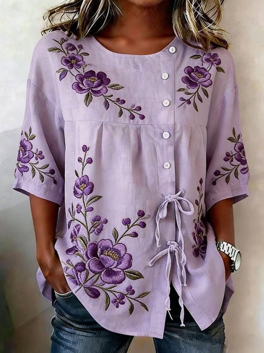 Women's Floral Buttoned Linen Blend Shirt