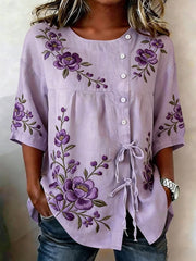Women's Floral Buttoned Linen Blend Shirt