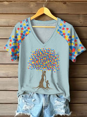 Women's Autism Awareness V-neck off-shoulder short-sleeved T-shirt