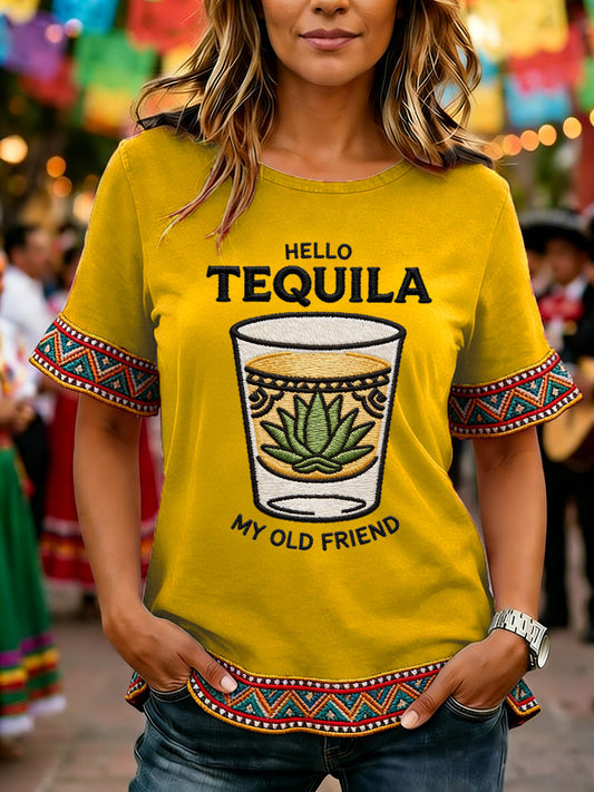 Women's Funny HELLO TEQUILA MY OLD FRIEND Cinco De Mayo Print Casual Ruffle Sleeve Tee