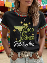 Women's Funny Cinco De Drinko Bitchachos Skeleton Print Casual Tee