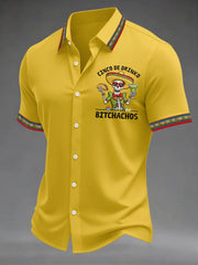 Men's Funny Cinco De Drinko Bitchachos Skeleton Print Casual Short Sleeve Shirt