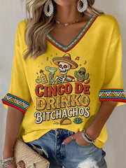Women's Funny Cinco De Drinko Bitchachos Skeleton Print Casual Waffle Top