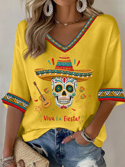 Women's Viva La Fiesta! Skeleton Print Casual Waffle Top