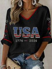 Women's USA 1776-2026 Rhinestone Pattern V-Neck Waffle Top