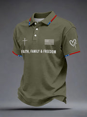Men's Faith Family Freedom Embroidery Pattern Polo Shirt