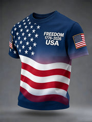 Men's Freedom 1776-2026 USA Flag Print Casual Independence Day Patriotic Tee