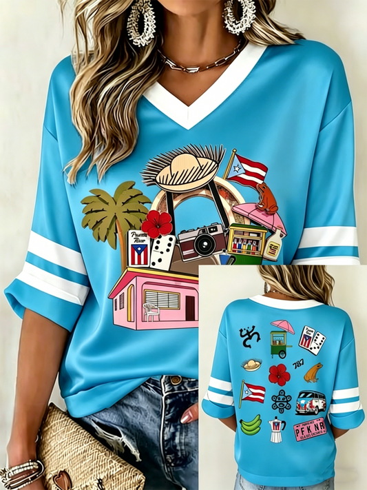 Women's Puerto Rico Printed Mid-length Sleeves V-Neck T-Shirt