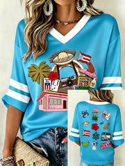 Women's Puerto Rico Printed Mid-length Sleeves V-Neck T-Shirt