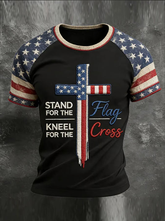 Men's Vintage Independence Day USA Flag Cross Print Short Sleeve T-shirt