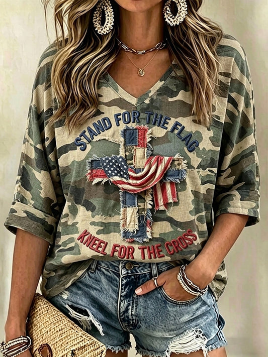 Women's Retro Independence Day Stand For The Flag Kneel For The Cross Flag Cross  Art V-neck Top