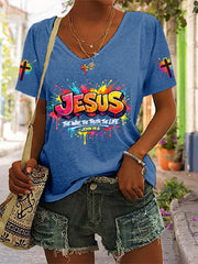 Women's Christian Jesus Cross Short Sleeve V-neck T-shirt