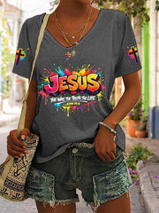 Women's Christian Jesus Cross Short Sleeve V-neck T-shirt