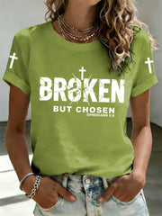 Women's Christian Cross Broken But Chosen Print Tee