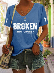 Women's Christian Cross Broken But Chosen Print V-neck Tee