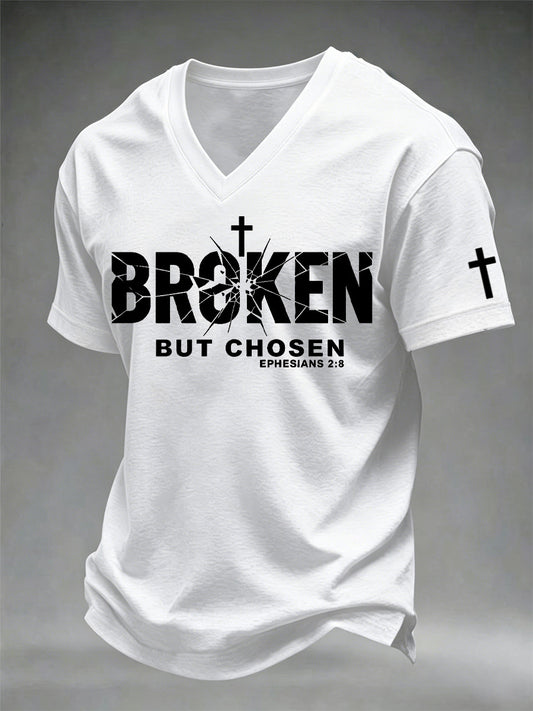 Men's Christian Cross Broken But Chosen Print V-Neck Tee