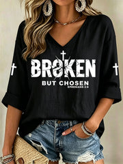 Women's Christian Cross Broken But Chosen Print V-Neck Top