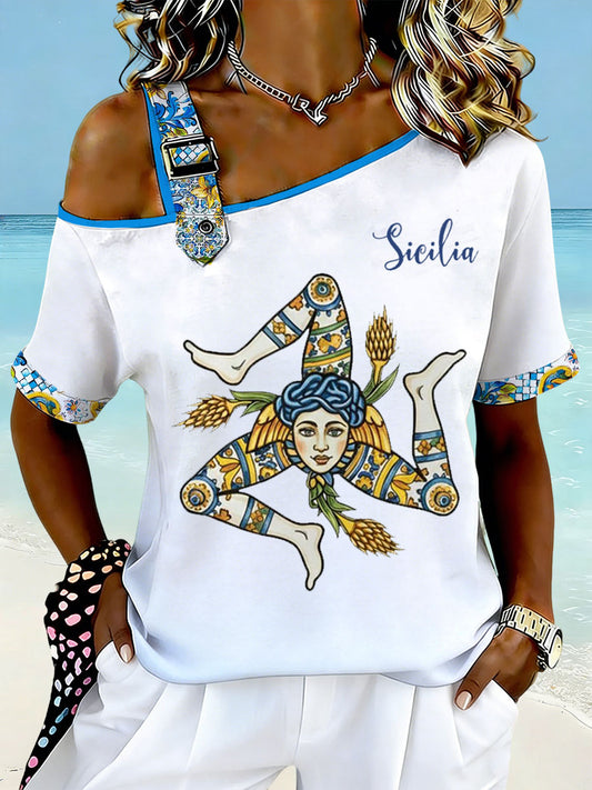 Women's Sicilia Trinacria Off-the-Shoulder Short-Sleeve T-Shirt