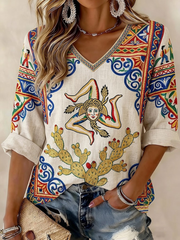 Women's Sicilia Trinacria Mid-length Sleeves V-Neck T-Shirt