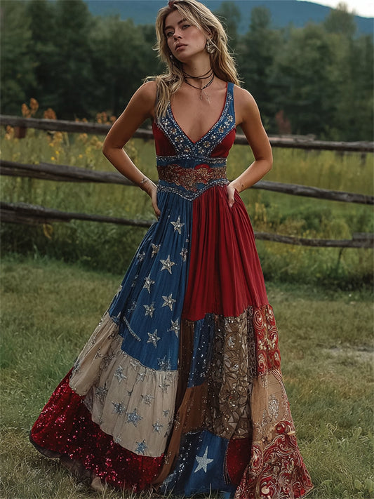 Women's American Flag Inspired Vintage Patchwork Art Print Flowy Maxi Dress