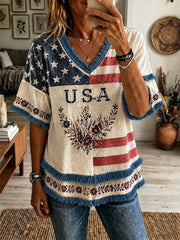 Women's America Floral Printed Casual Tassel Top
