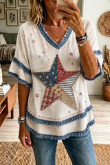 Women's American Patchwork Printed Cotton-Linen Shirt