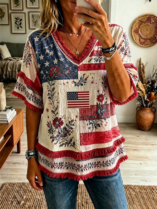 Women's America Floral Printed Casual Tassel Top