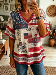 Women's America Floral Printed Casual Tassel Top