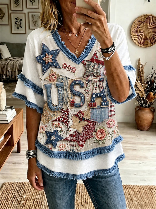 Women's American Patchwork Printed Cotton-Linen Shirt