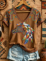 Women's Native Horse Art V-Neck T-Shirts