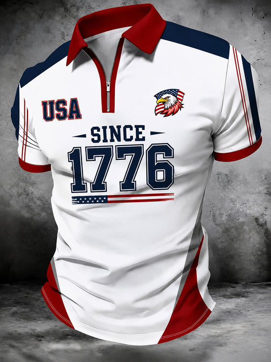 Men's Patriotic Retro Art Print Zip Up Short Sleeve Top