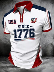 Men's Patriotic Retro Art Print Zip Up Short Sleeve Top