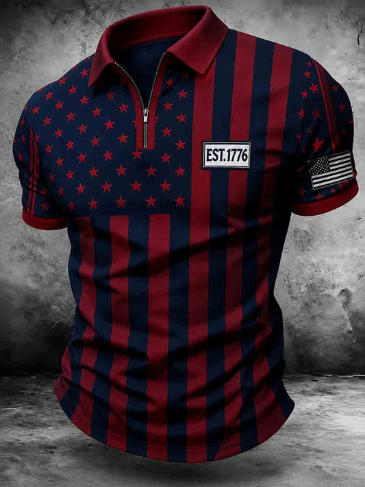 Men's Patriotic Retro Art Print Zip Up Short Sleeve Top