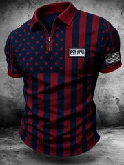 Men's Patriotic Retro Art Print Zip Up Short Sleeve Top