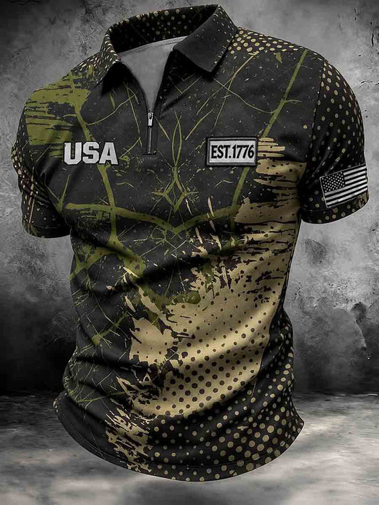 Men's Patriotic Retro Art Print Zip Up Short Sleeve Top
