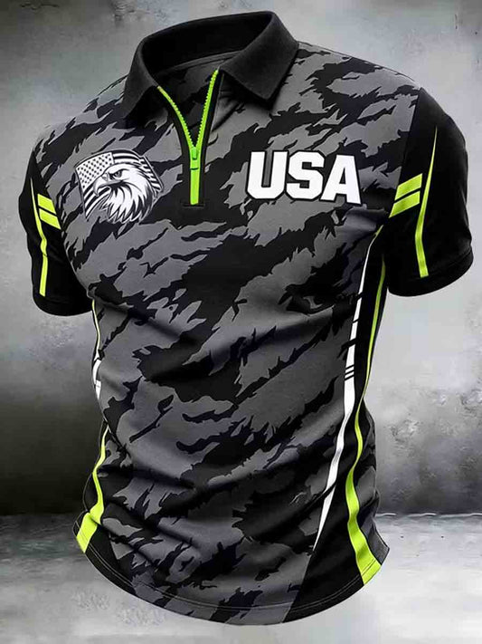 Men's Patriotic Retro Art Print Zip Up Short Sleeve Top