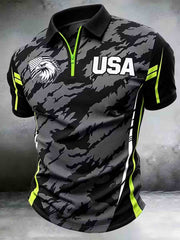 Men's Patriotic Retro Art Print Zip Up Short Sleeve Top