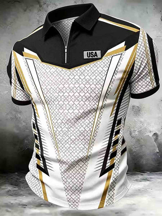 Men's Patriotic Retro Art Print Zip Up Short Sleeve Top