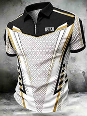 Men's Patriotic Retro Art Print Zip Up Short Sleeve Top