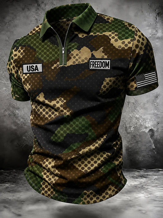 Men's Patriotic Retro Art Print Zip Up Short Sleeve Top