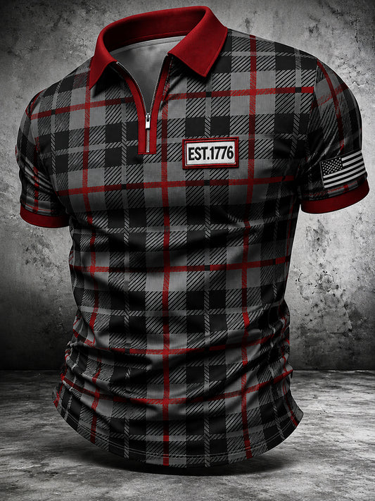 Men's Patriotic Retro Art Print Zip Up Short Sleeve Top