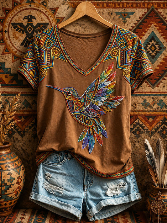 Women's Indigenous Hummingbird Art V-Neck T-Shirts