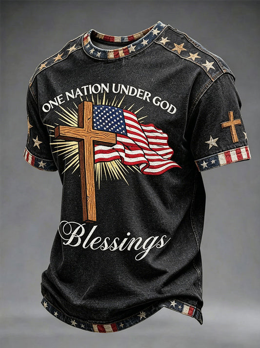 Men's One Nation Under God American Independence Day Retro Print Casual T-shirt