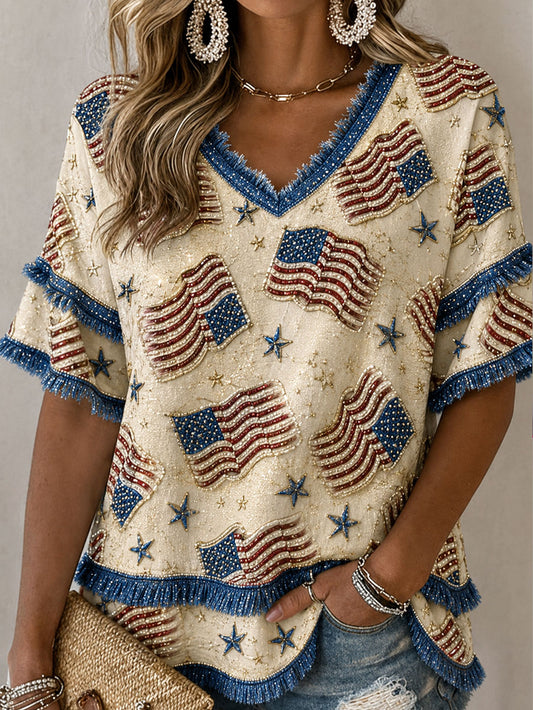 Women's 4th of July Independence Day Art Printed Linen Tops