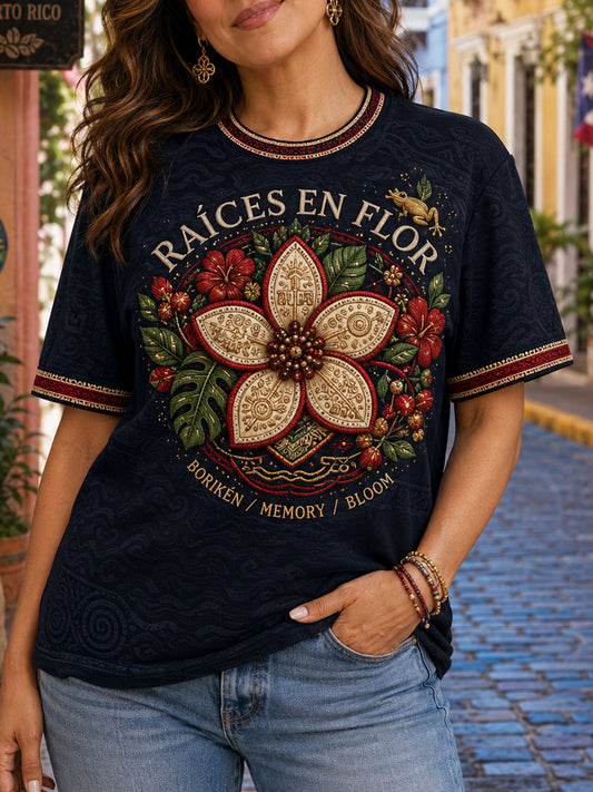 Women's Puerto Rico Taino Art Printed Linen T-shirt
